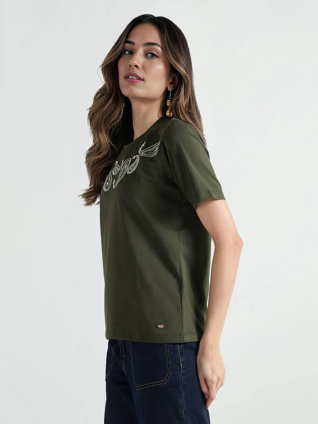 Elle Women Green Solid Round Neck Tshirt