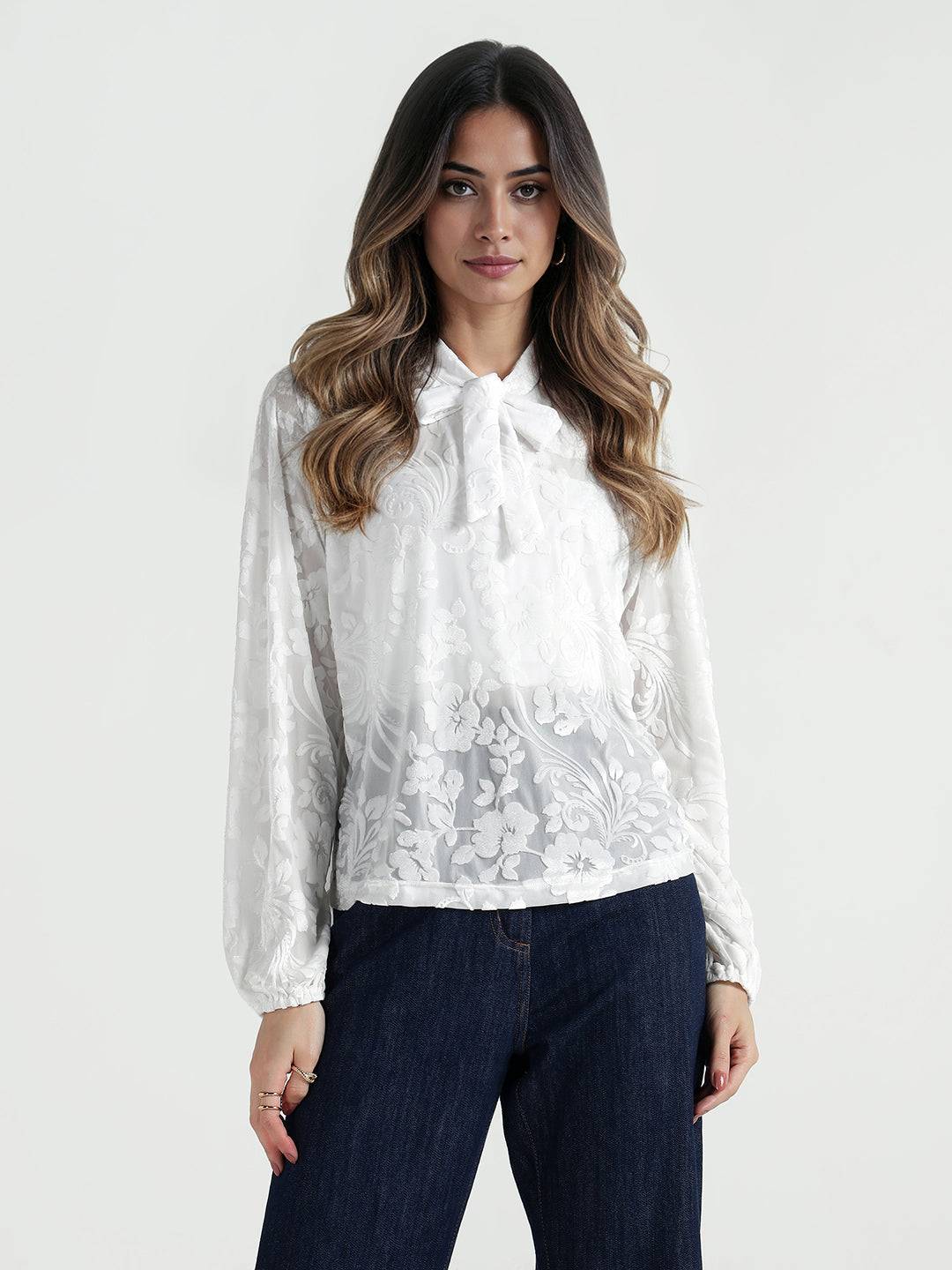 Elle Women White Floral Round Neck Top