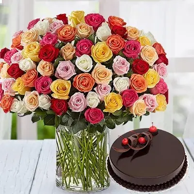 Mixed Roses in a Vase & Cake