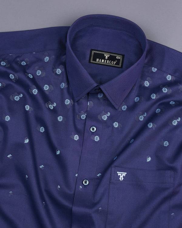 NavyBlue Jacquard Flower Satin Cotton Designer Shirt