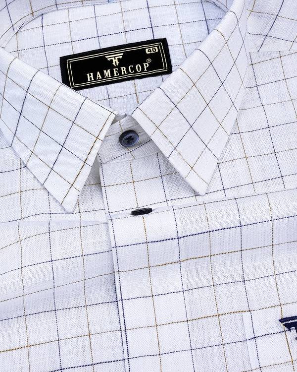 Octet Mustard With Blue Check White Amsler Linen Shirt