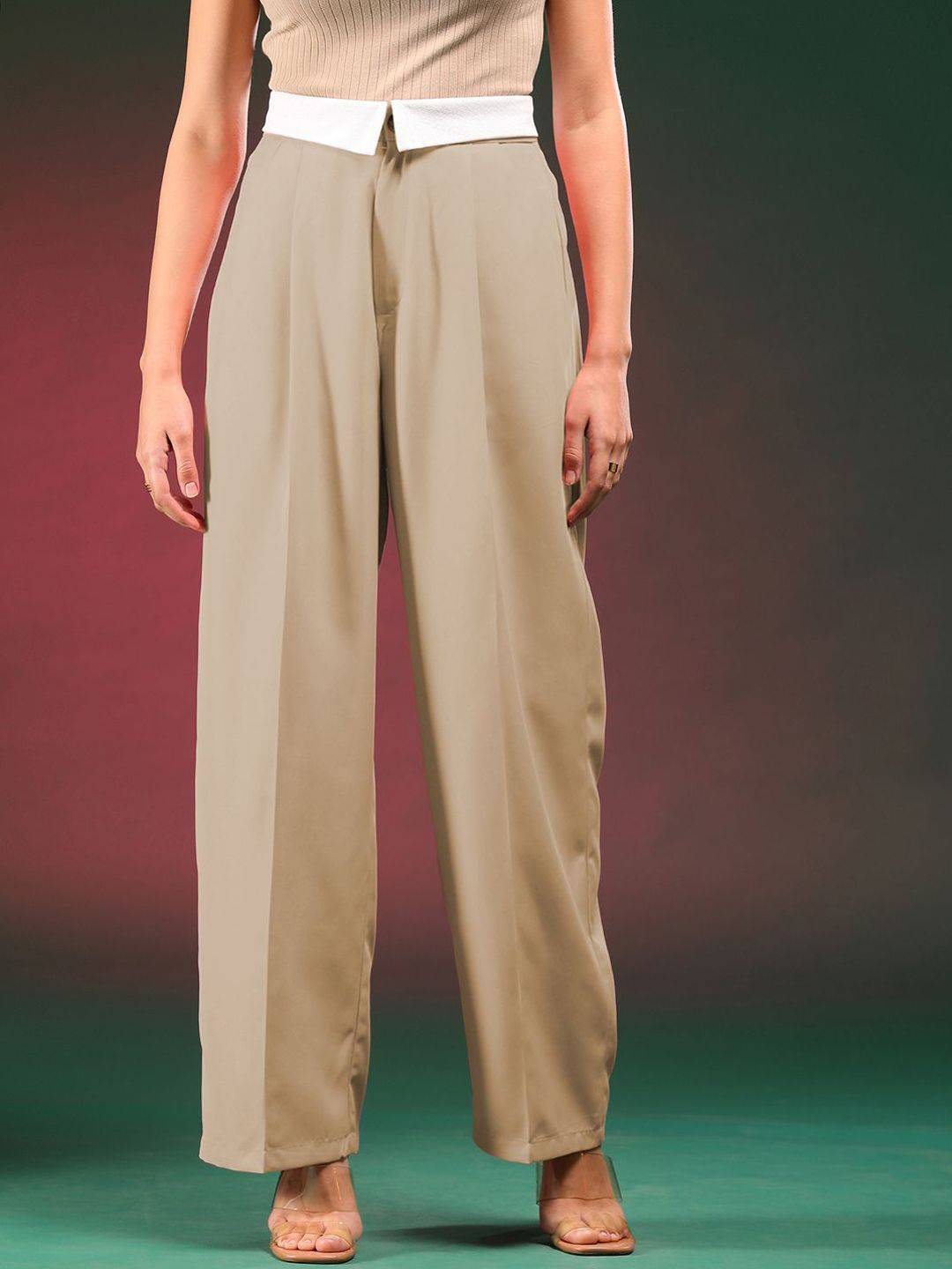 Kotty Women Straight Fit High-Rise Easy Wash Pleated Trousers