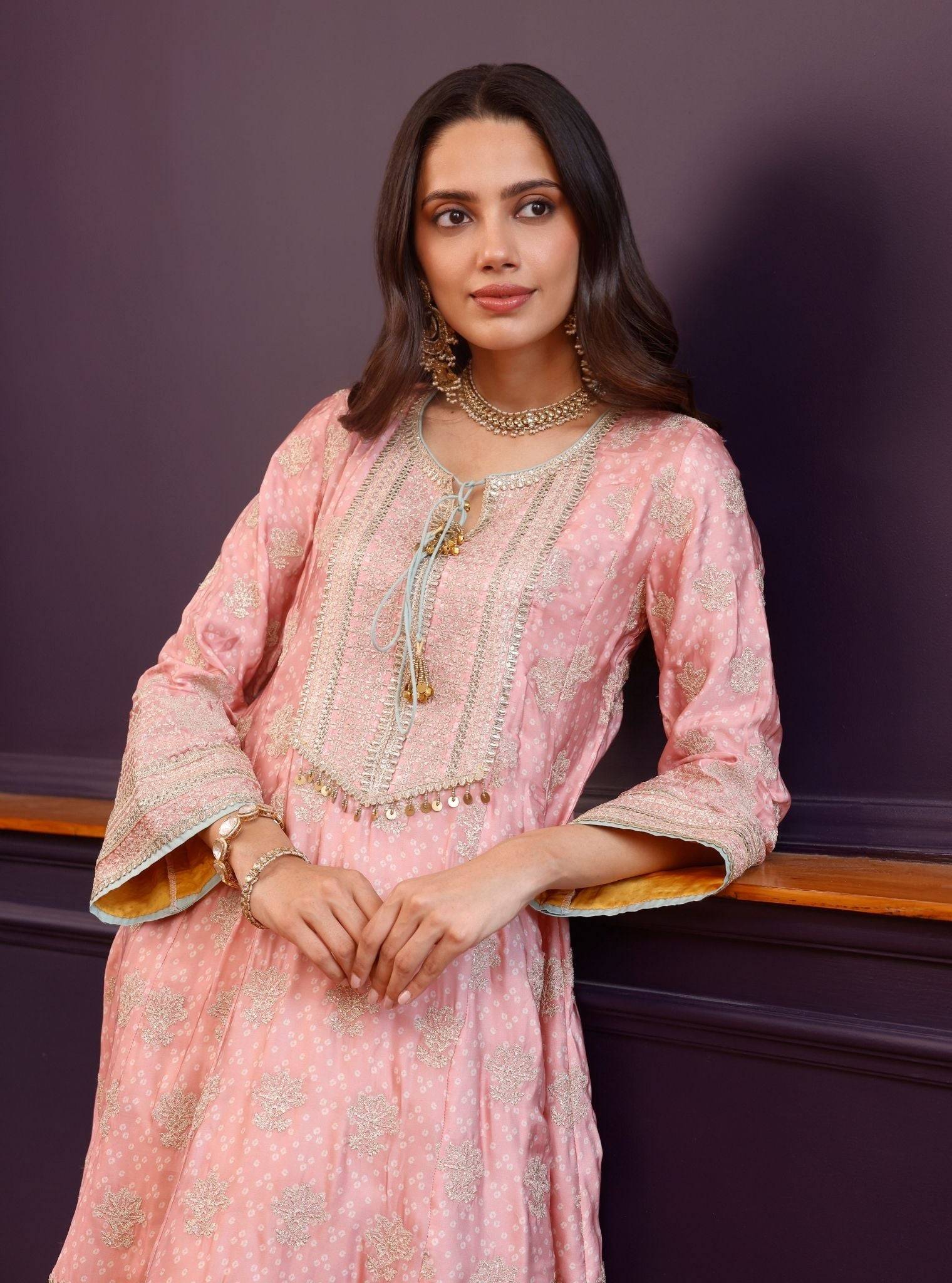 Arvini Cupro Satin Pink Anarkali Kurta Set