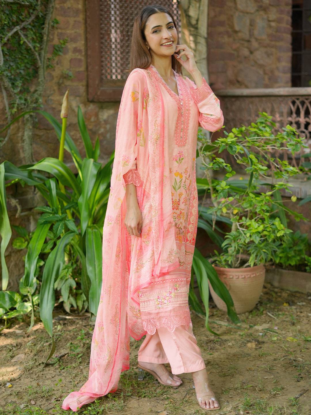 Pink Printed Silk Blend Straight Suit W... Buy only at ₹9299