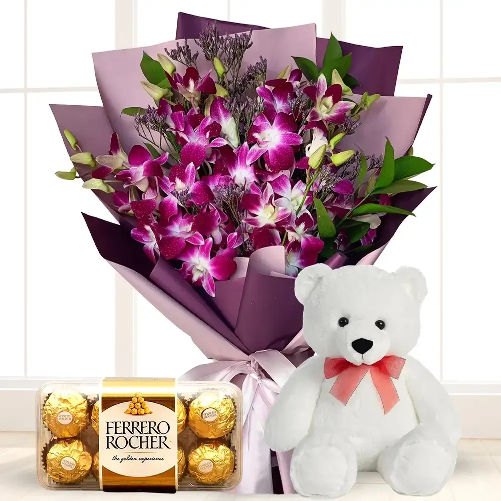 Orchids Bouquet With Chocolate & Teddy