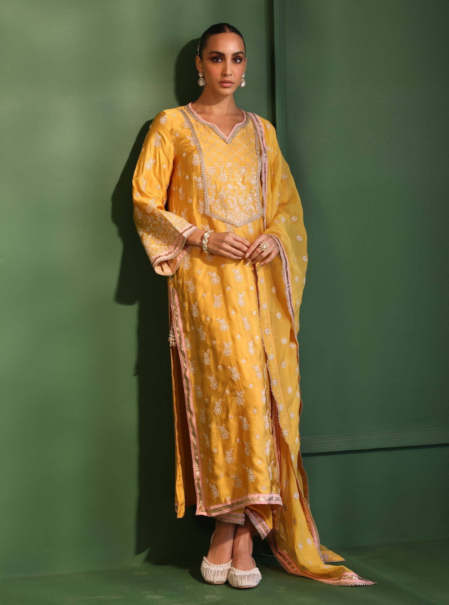 Nazakat Cupro Satin Yellow Kurta Set