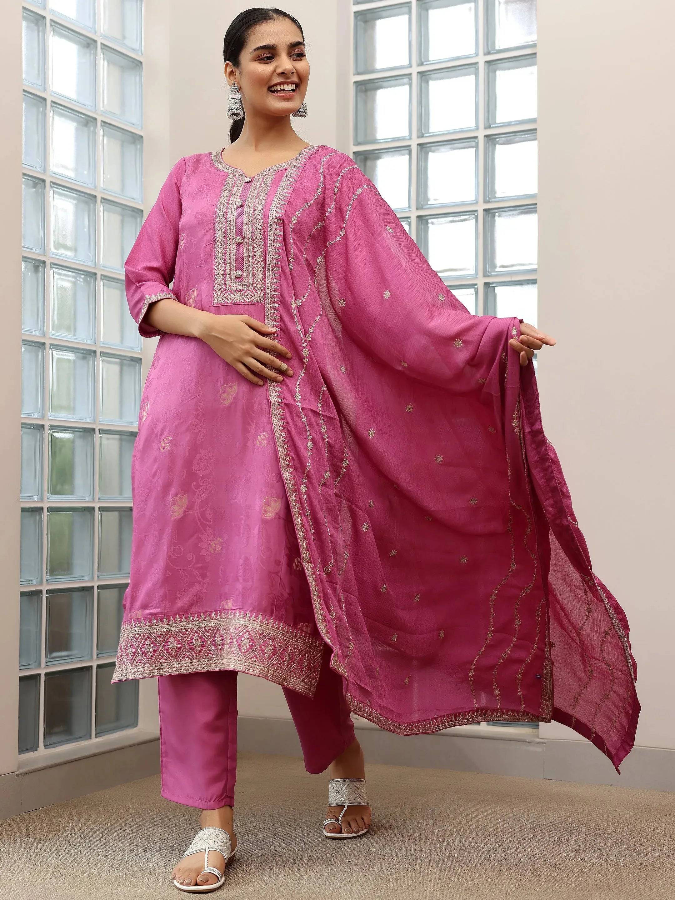 Mauve Woven Design Silk Blend Straight ... Buy only at ₹5999