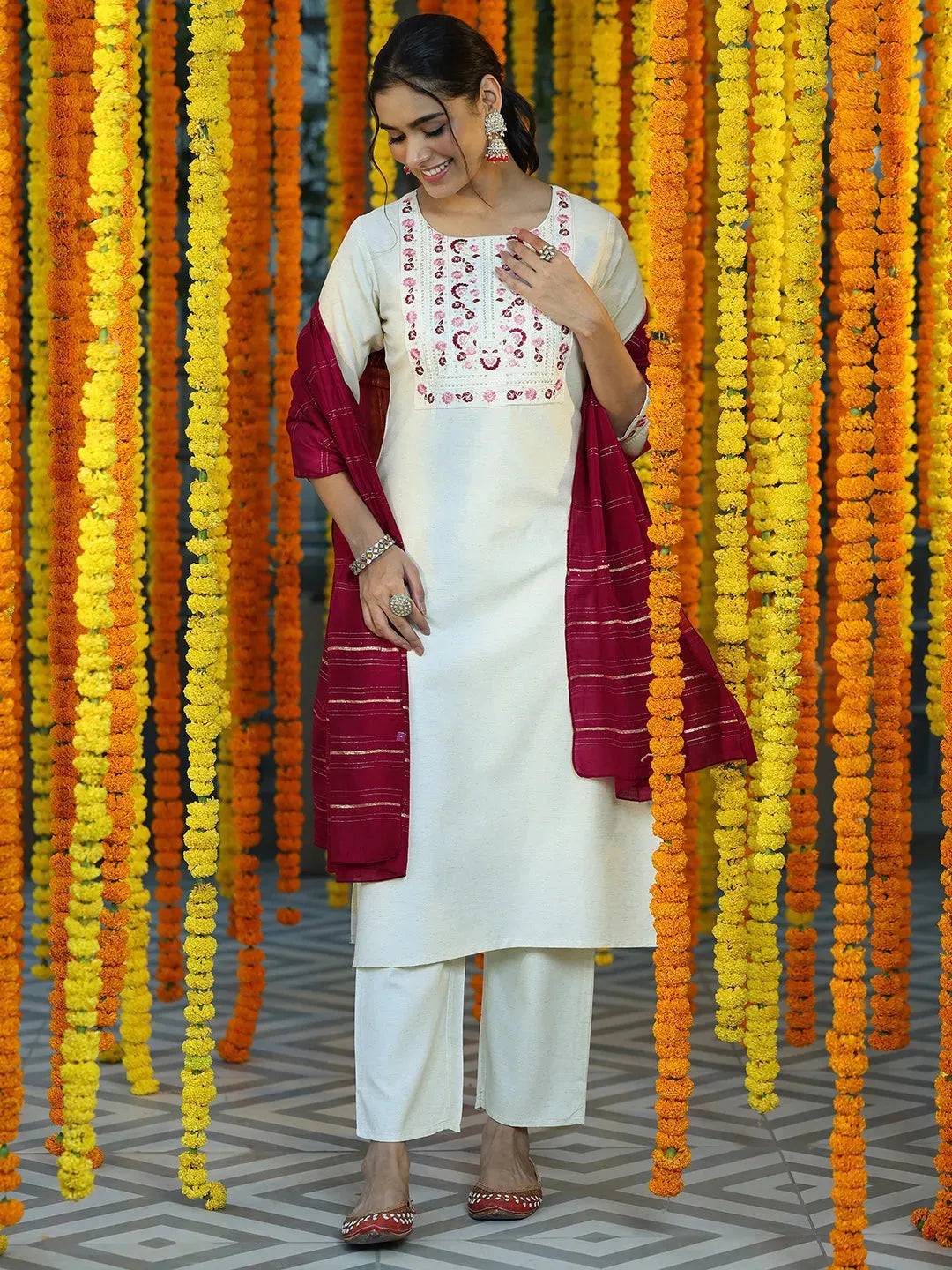 Off White Yoke Design Cotton Blend Stra... Buy only at ₹3999