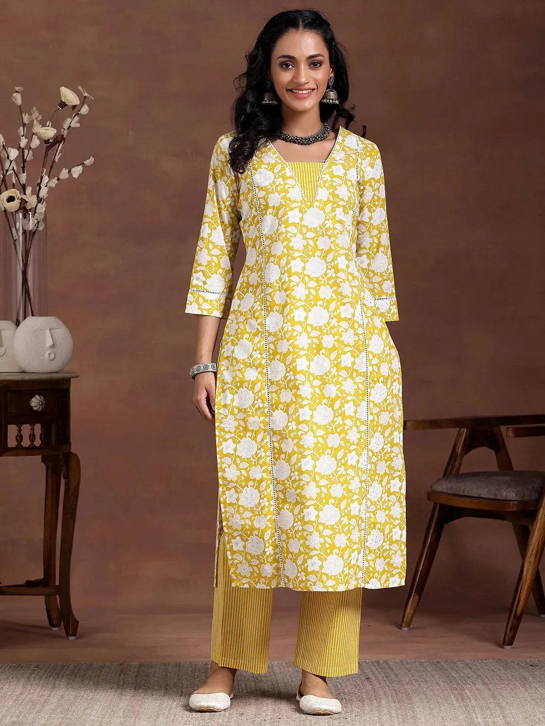 Yellow Printed Cotton Straight Kurta Set Buy only at ₹3399