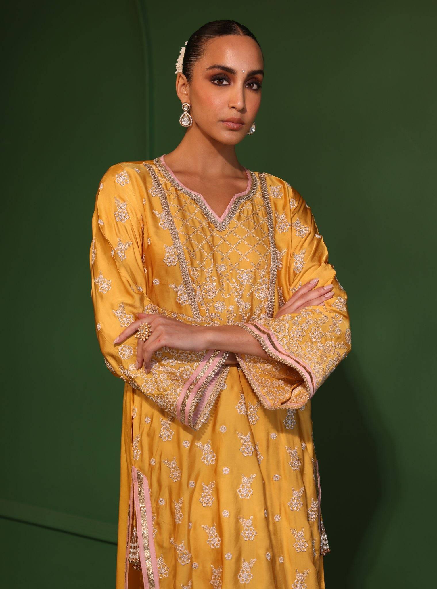 Nazakat Cupro Satin Yellow Kurta Set