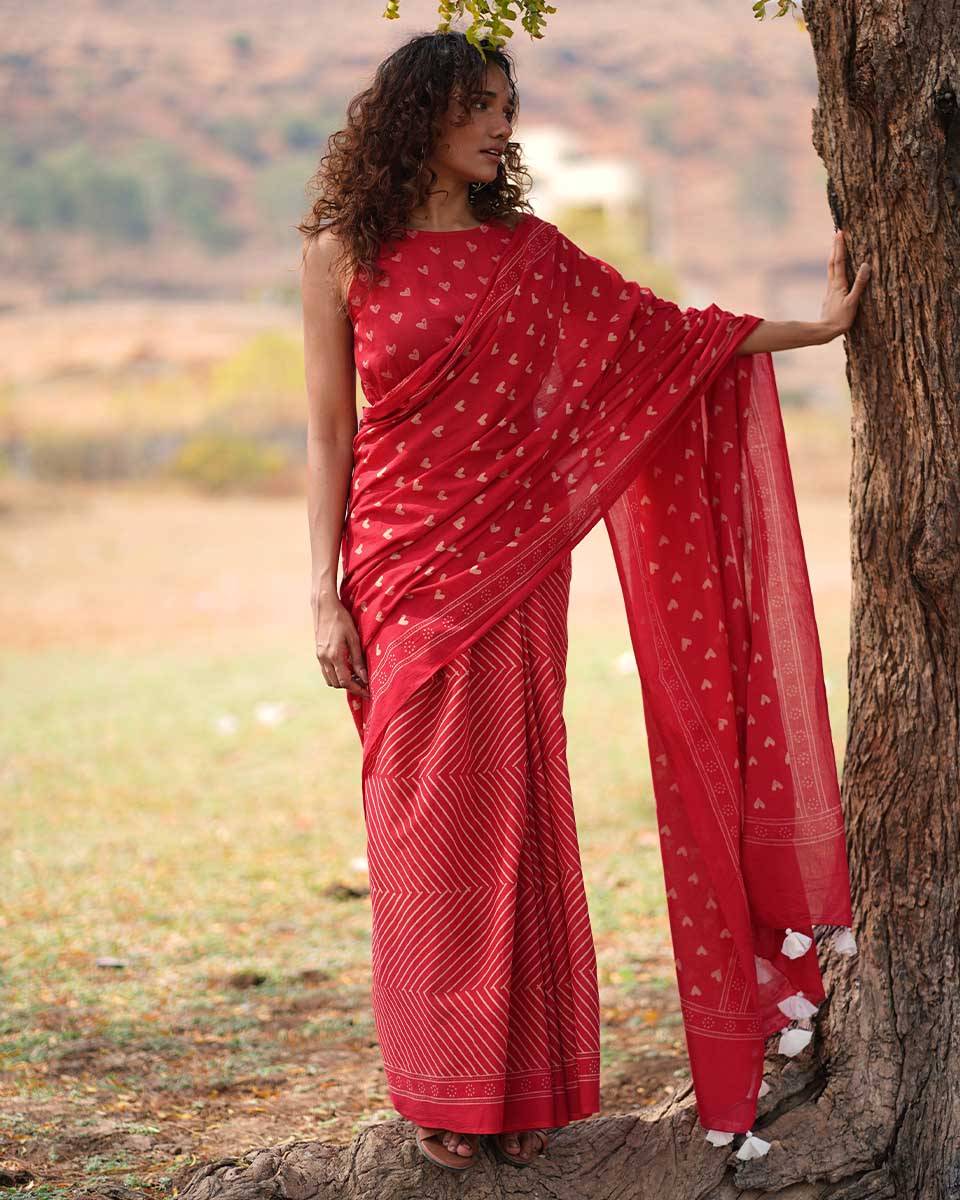 Dil Deewana Red Hand block Printed Cotton Saree