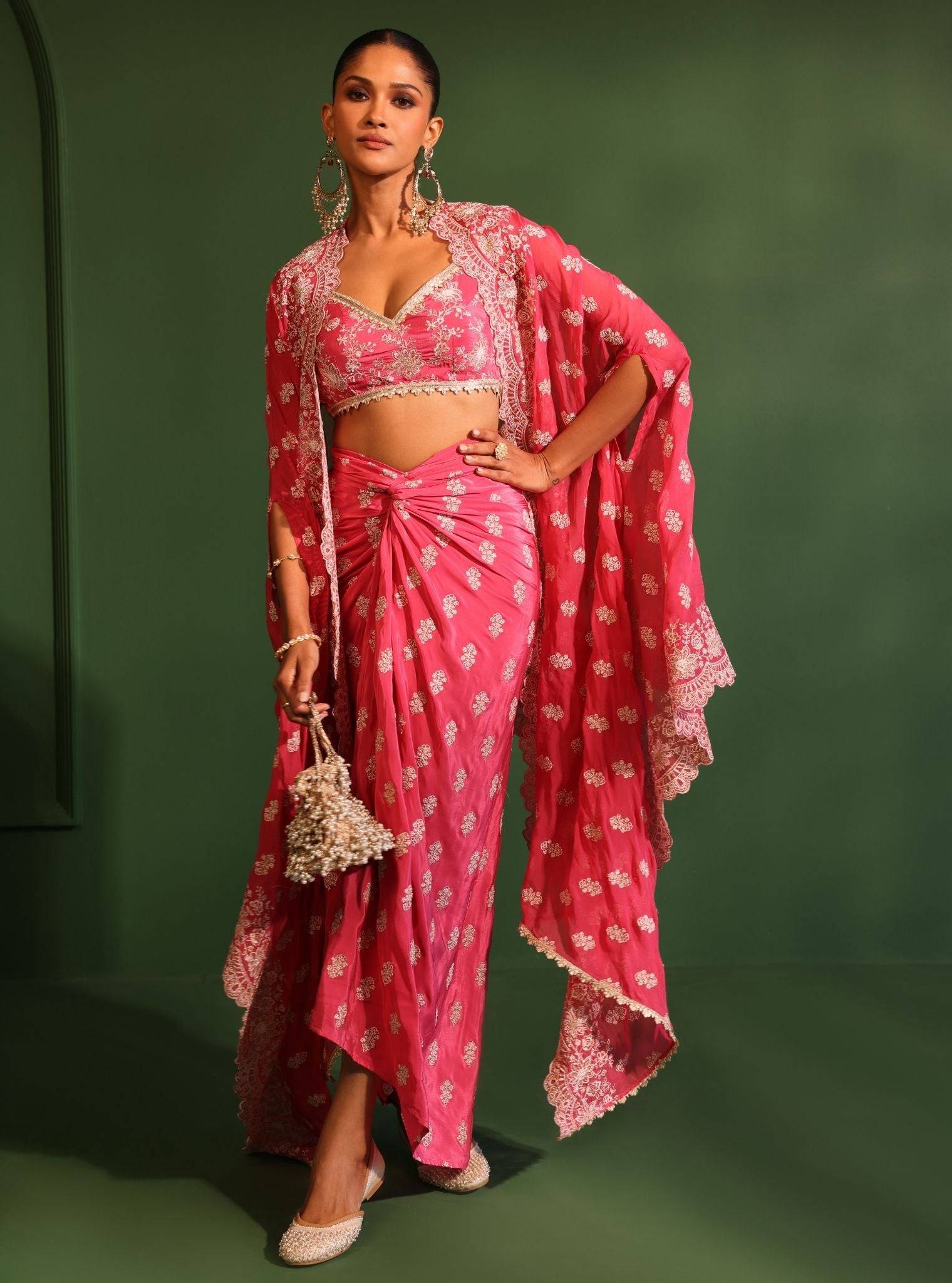 Maya Organza Fuschia Cape Shrug With Skirt