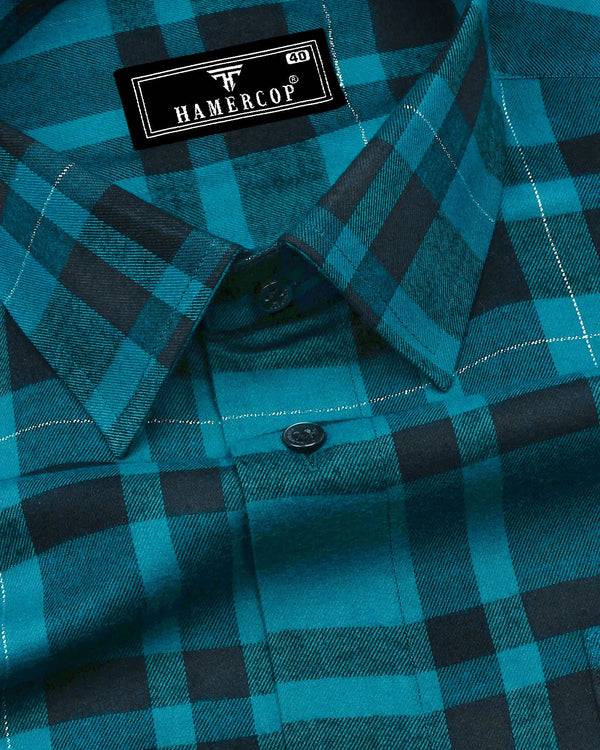 Persian Green With Black Twill Check Plaid Flannel Cotton Shirt