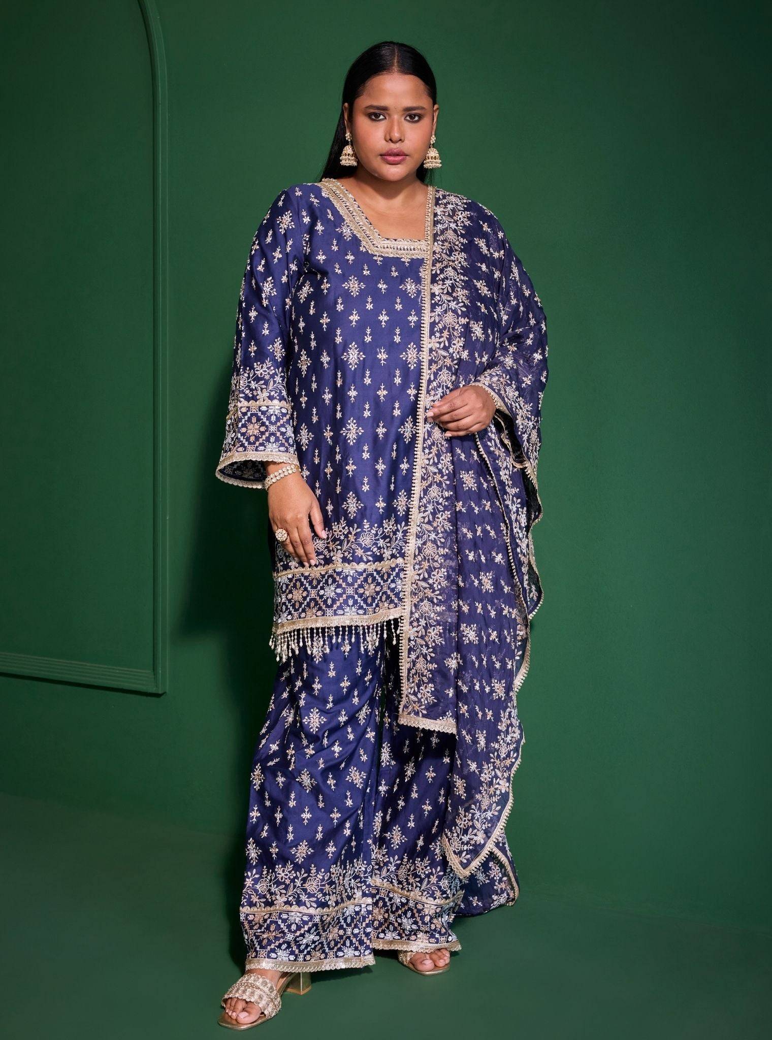 Kalander Pima Satin Navy Kurta Set
