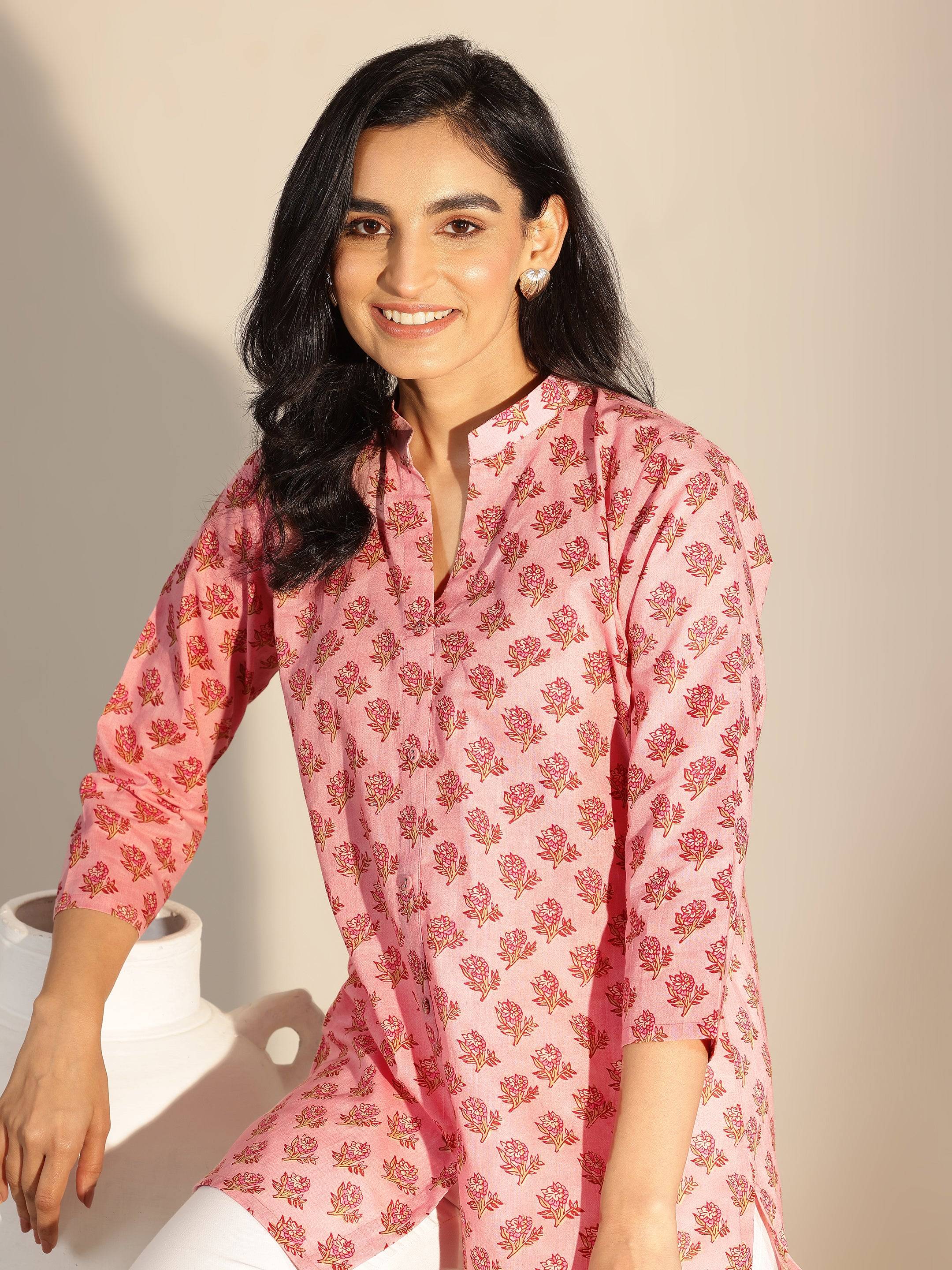 Peach Printed Cotton Straight Short Kurti