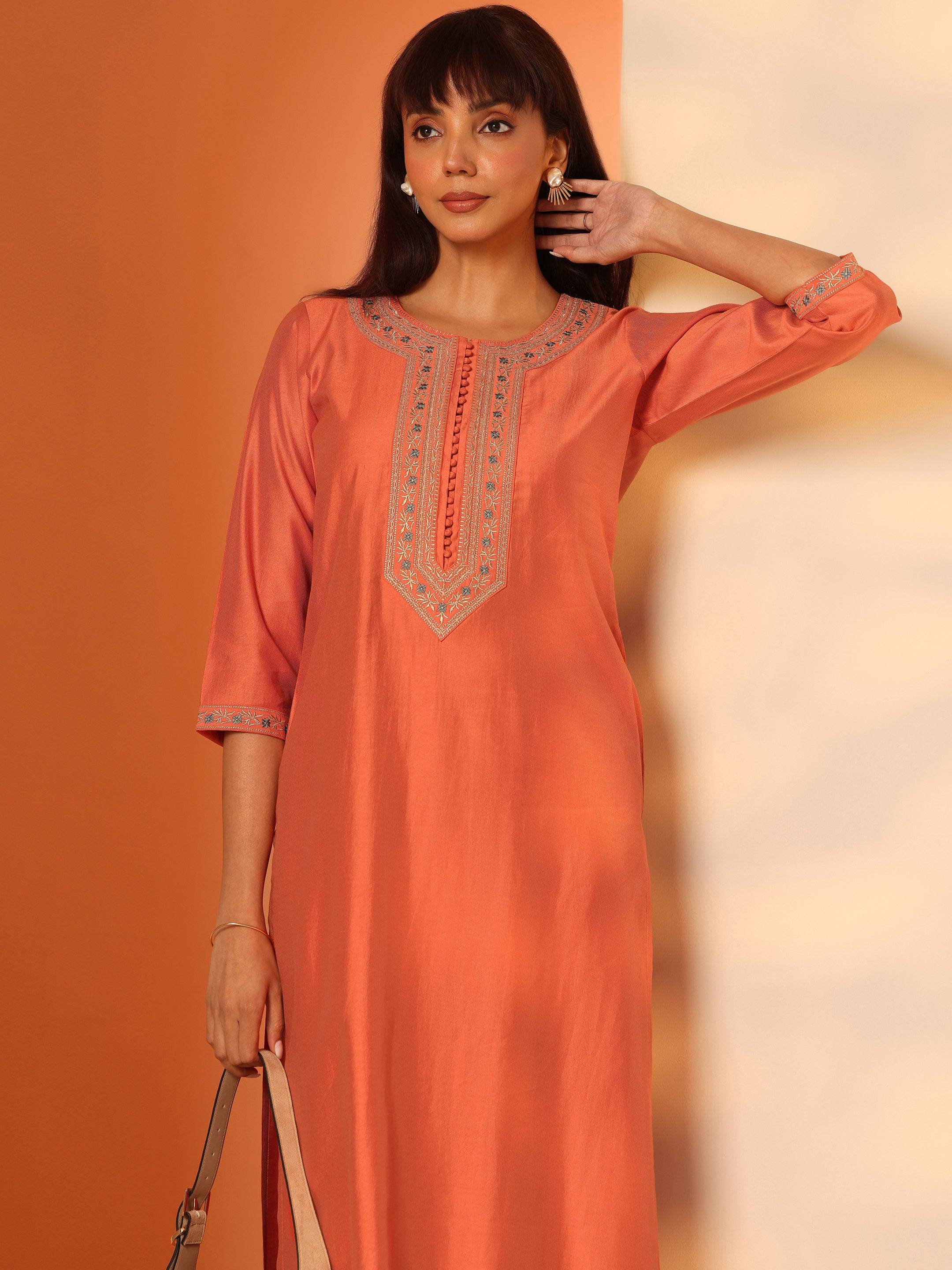 Orange Embroidered Silk Blend Straight ... Buy at only ₹1499