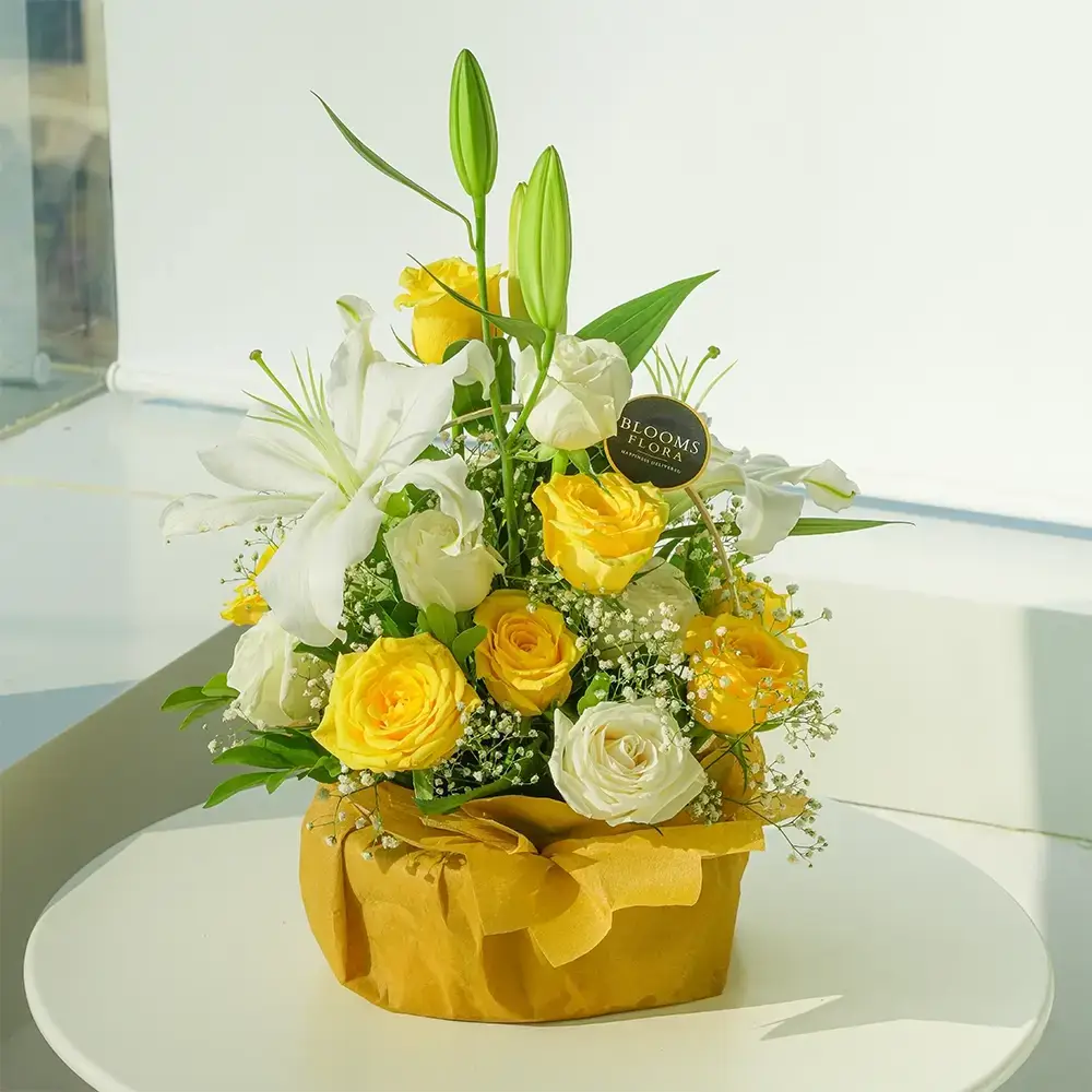 Yellow And White Roses With Lilies In Basket