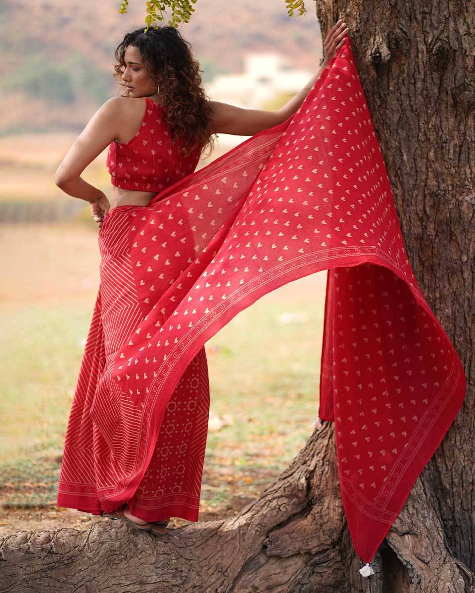 Dil Deewana Red Hand block Printed Cotton Saree