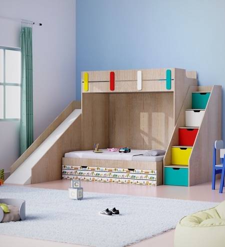 Sleep N SlideBunk Bed 6X5 Drawers On Wheels In Oak and Yellow Colour69