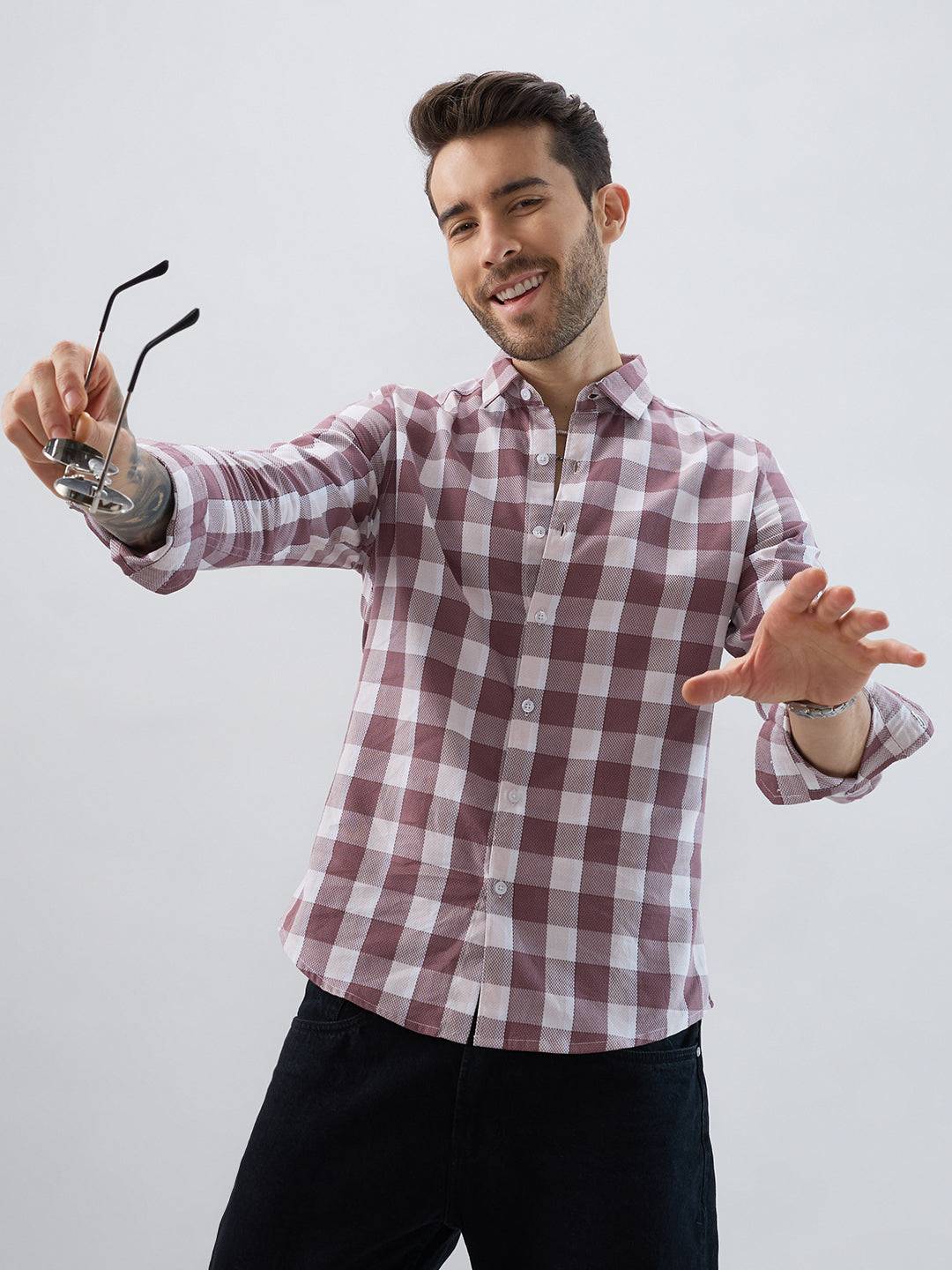 Premium Cotton Rosewood Pink Box Checked Shirt Buy only at ₹799