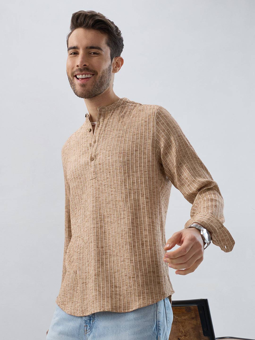 Sand Beige Textured Striped Kurta Buy only at ₹699