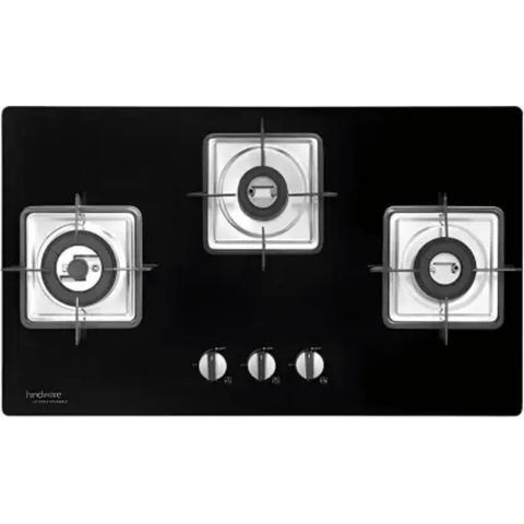 Hindware Hob, ROSIA 3B 76 CM, 3 Burner 76 cm Auto Ignition Glass Top Full Brass Burners 2 Medium + 1 small Gas Stove (Black) Buy at only ₹17999