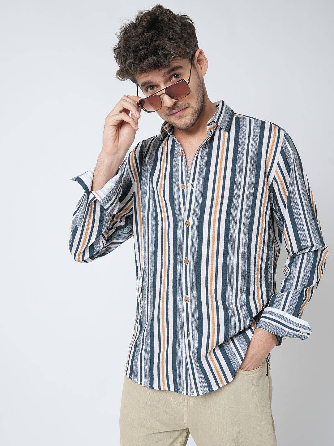 Teal Blue & Cream Crinkled Shirt Buy only at ₹659