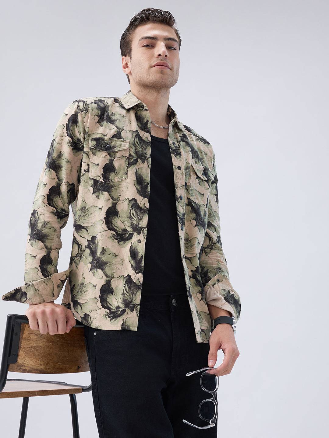 Nature Inspired Abstract Printed Double Pocket Corduroy Shirt Buy only at ₹899