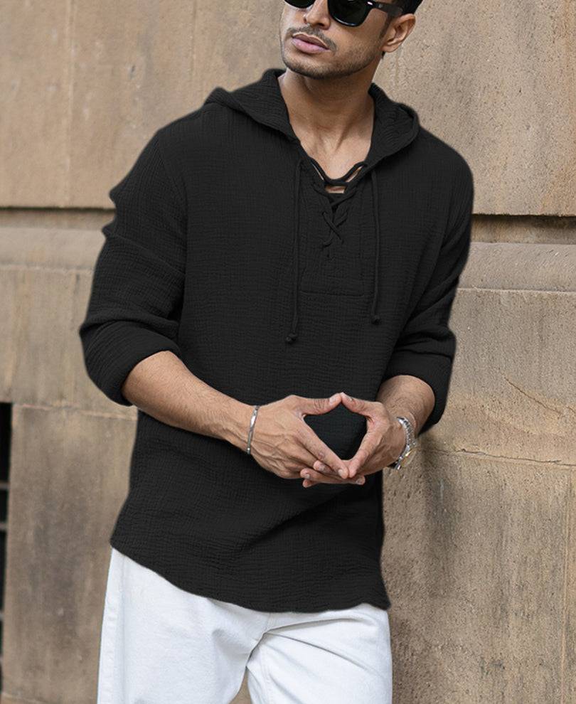 Black Crinkled Hooded Shirt Buy @ ₹1199