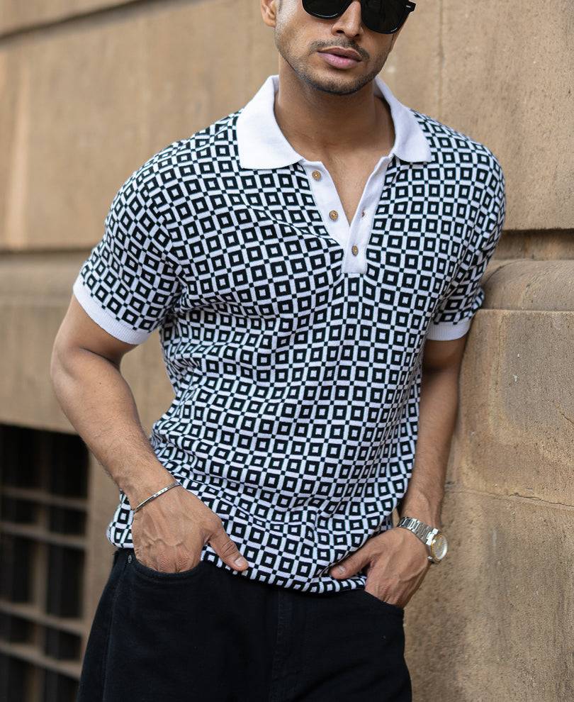 Black Jacquard Contrast Collar T-Shirt Buy @ ₹899