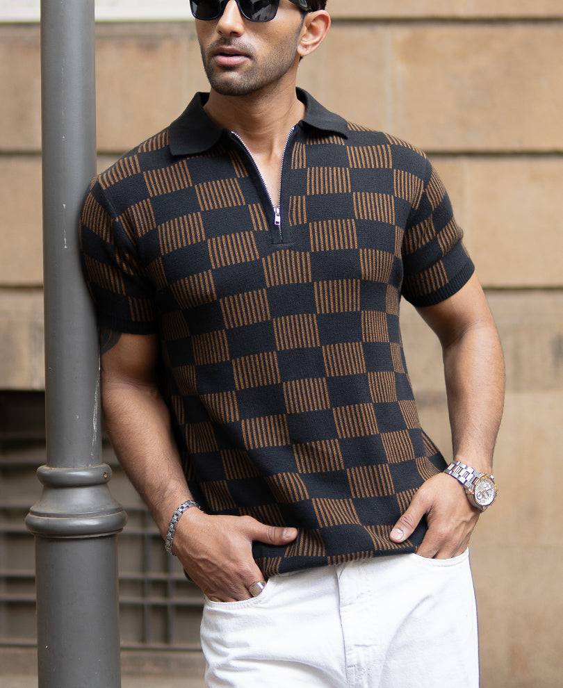 Brown And Black Jacquard Knit T-Shirt Buy @ ₹999