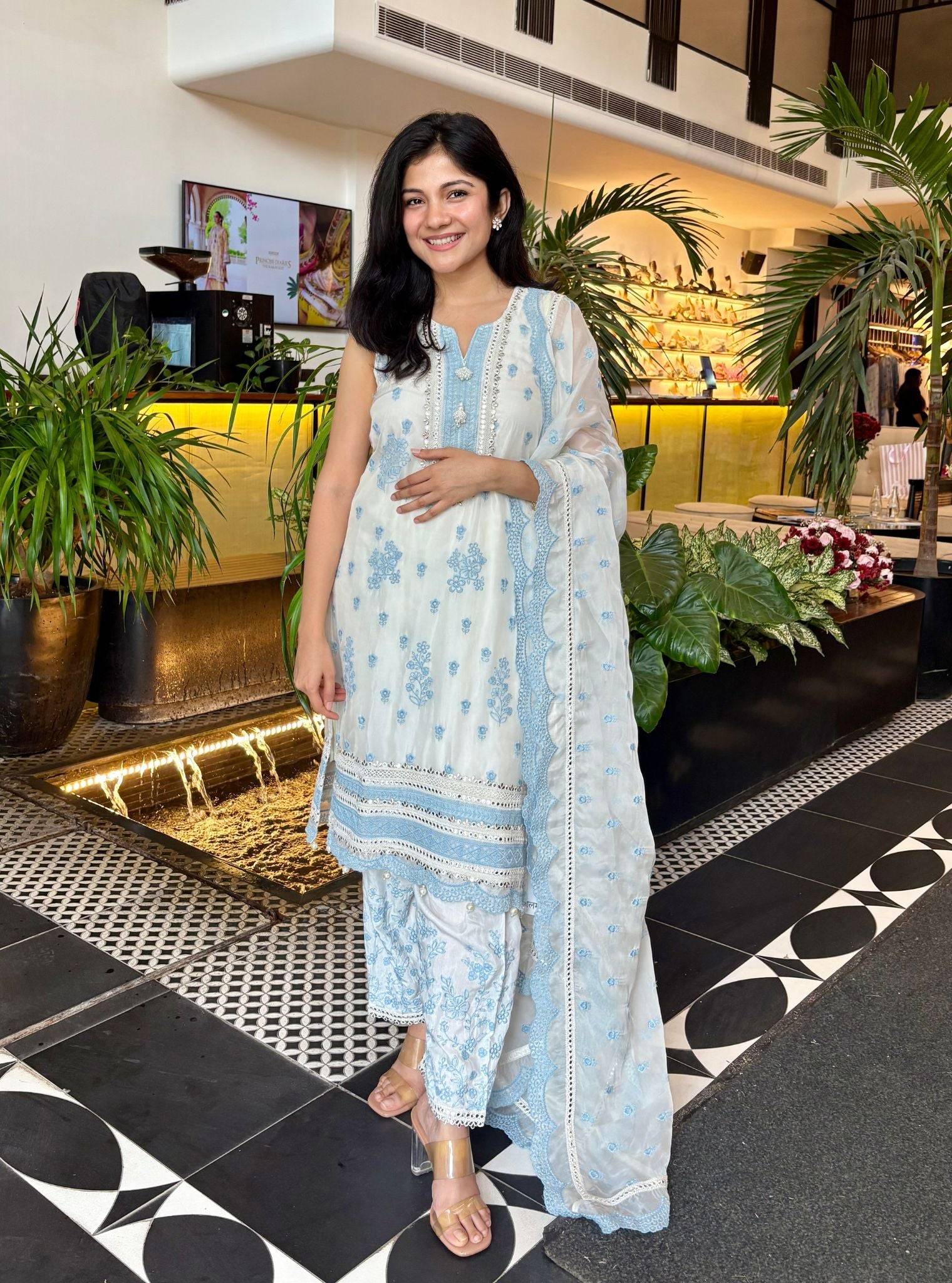 Taveli Organza Off-White & Blue Kurta Set