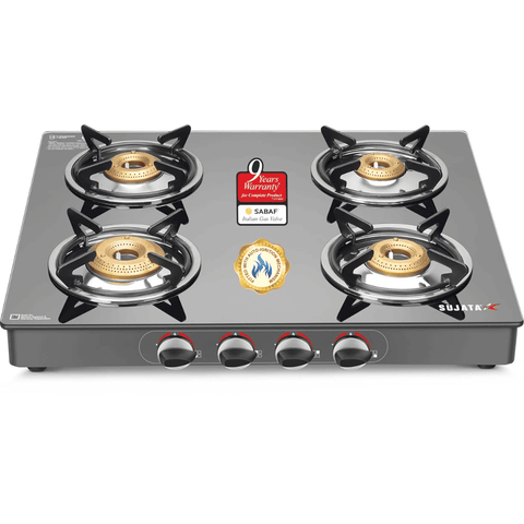 Sujata Cooktop Standard, 4 Burner Glass Top Brass Burner Gas Stove (Black) Buy at only ₹7599