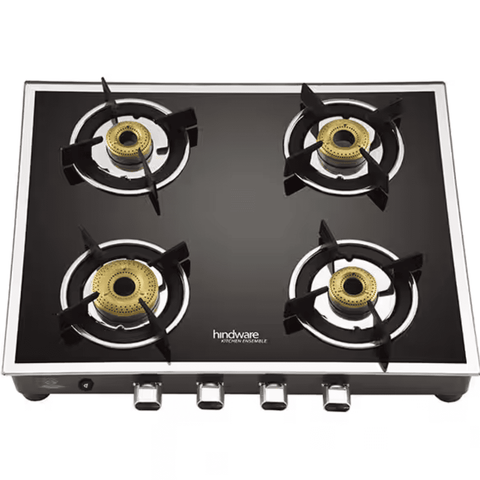 Hindware Cooktop, VEGO 4B BLK, 4 Burner Glass Top Forged Brass Burner 1 Big + 1 Medium + 2 small Gas Stove (Black) Buy at only ₹10899