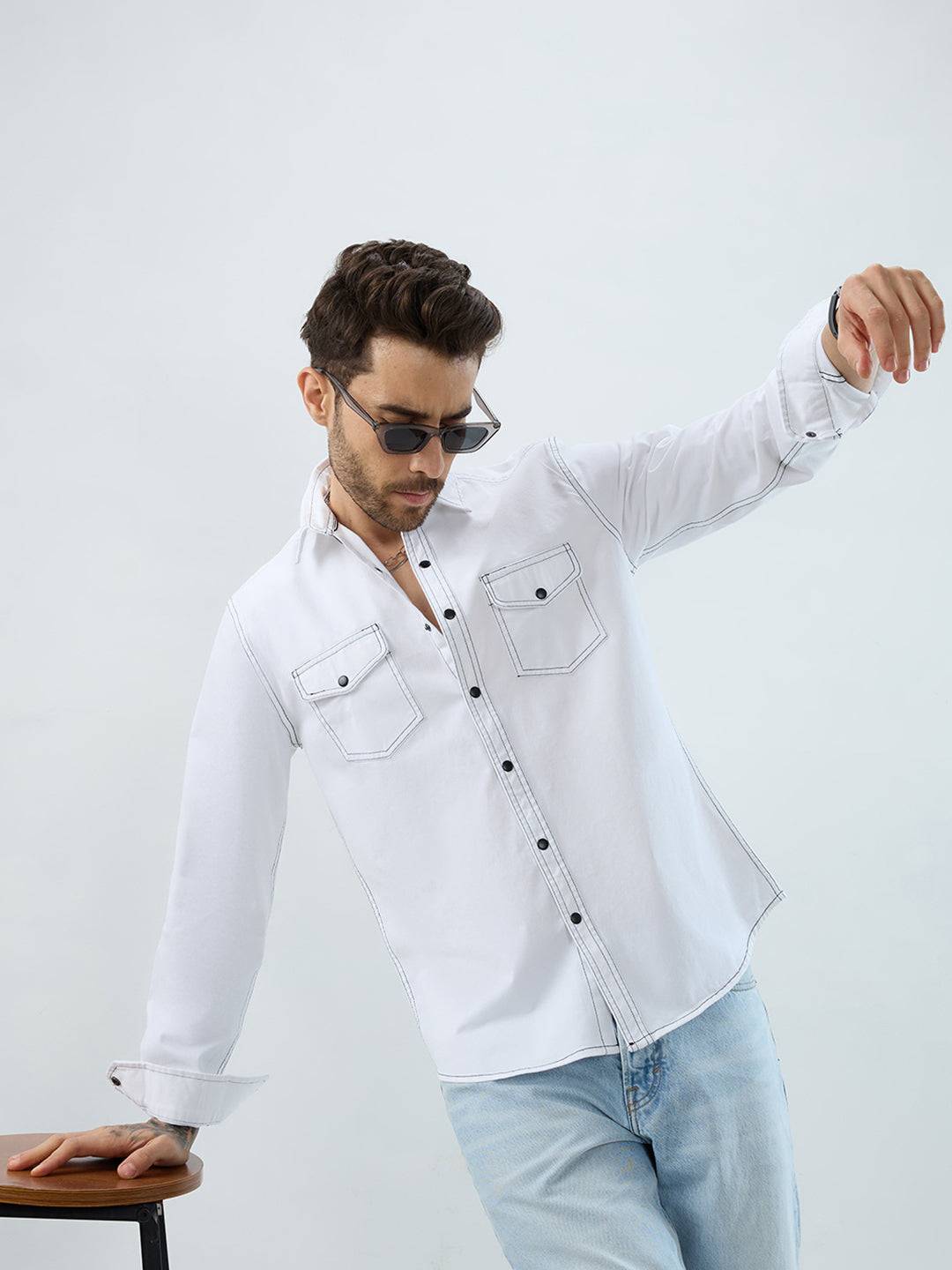 White Contrast Stitch Double Pocket Overshirt Buy only at ₹759