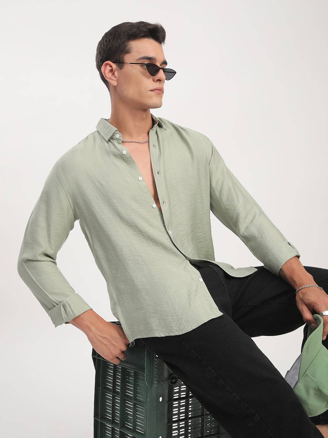 Sage Green Rhythmic Wave Jacquard Shirt Buy only at ₹759
