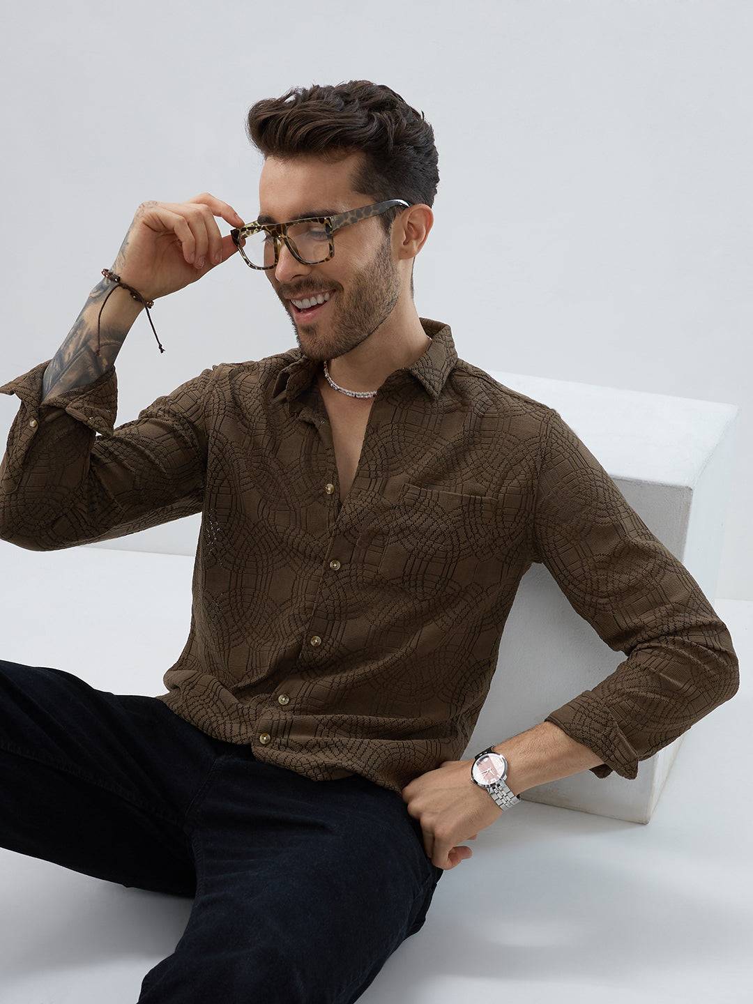 Interweave Mocha Brown Crochet Shirt Buy only at ₹699