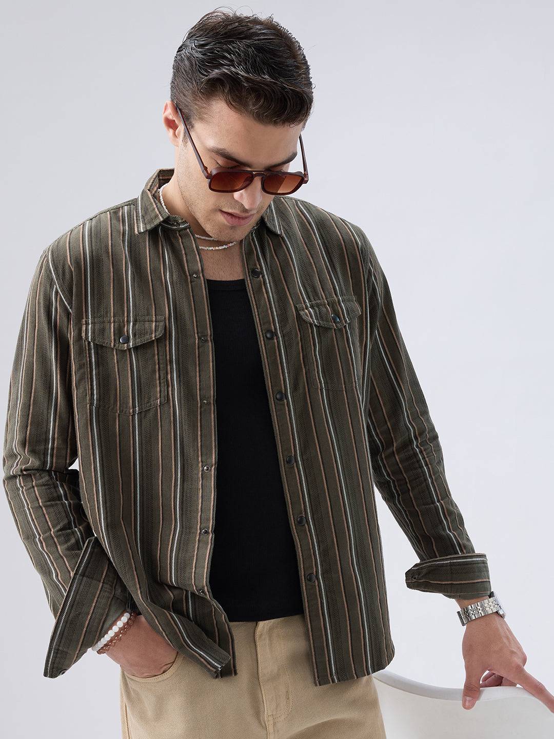 Forest Vibe Multi-Stripe Olive Twin Pocket Corduroy Shirt Buy only at ₹899
