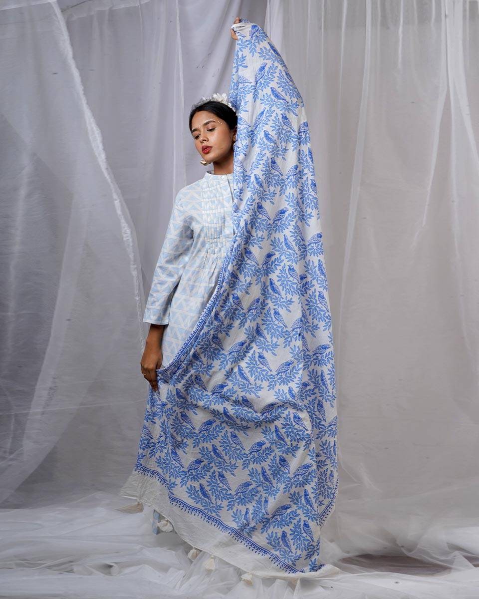 Milu Blue Hand Block Printed Dupatta-BAD