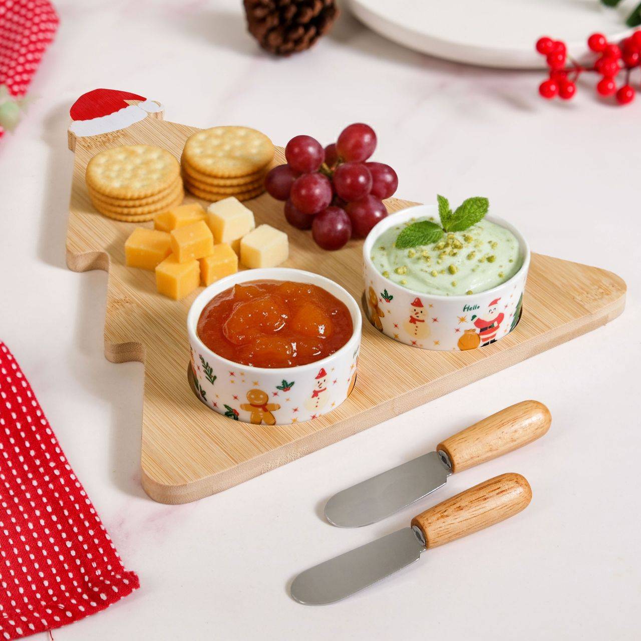 Santa Hat Tree Cheese Board With Bowls Spreader Knives Set Of 5 buy only at ₹1150