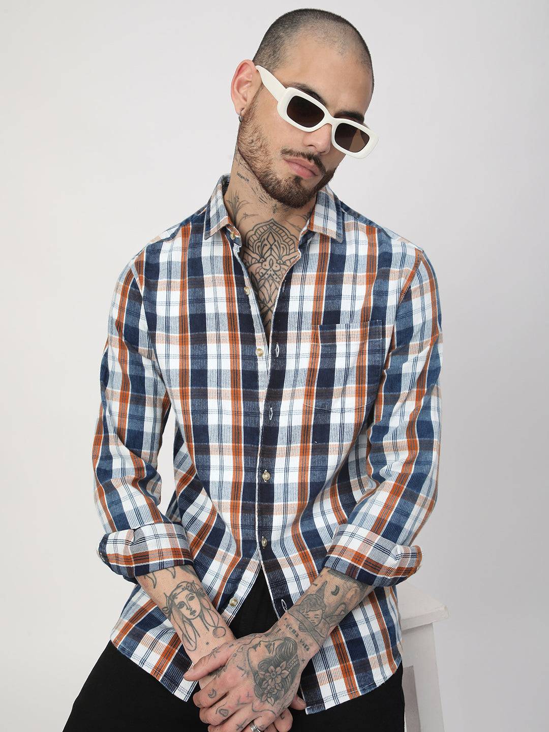 Denim Orange & Navy Plaid Checks Shirt Buy only at ₹759