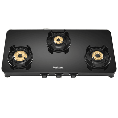 Hindware Cooktop, ALVERIO 3B AI, 3 Burner Auto Ignition Glass Top Forged Brass Burner 1 Big + 1 Medium + 1 small Gas Stove (Black) Buy at only ₹9799
