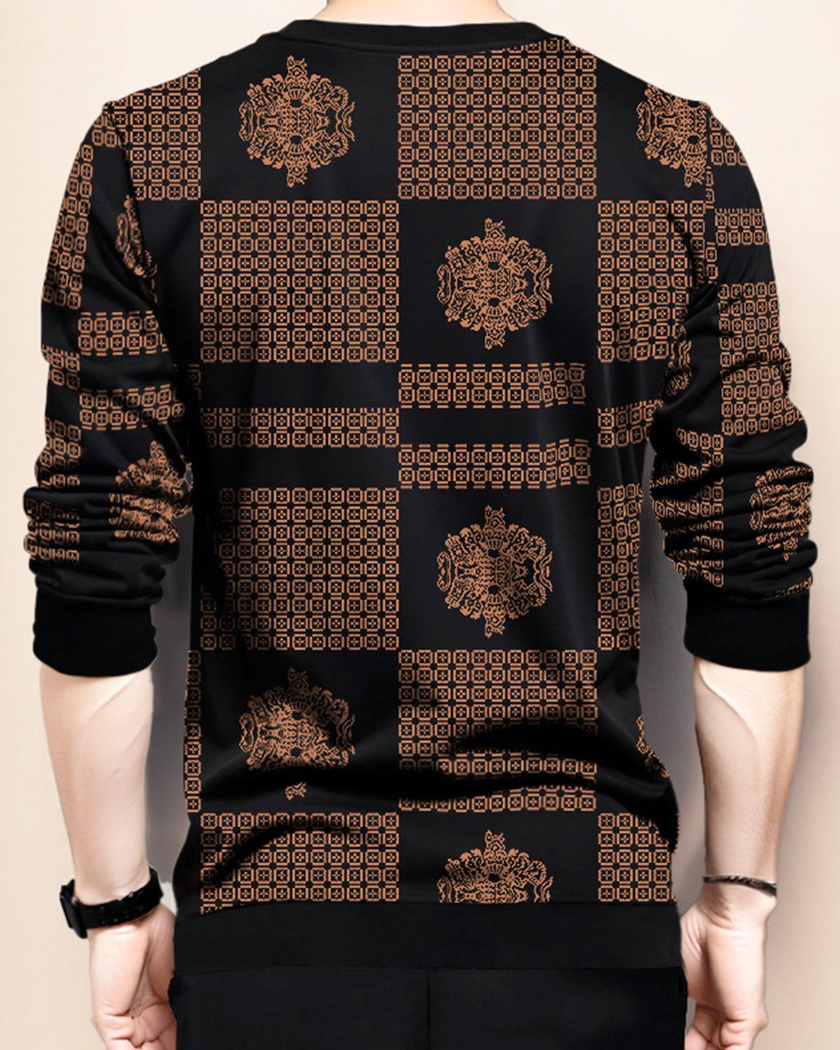 Men Full Sleeve Design Printed Round Neck Black & Brown T-Shirt