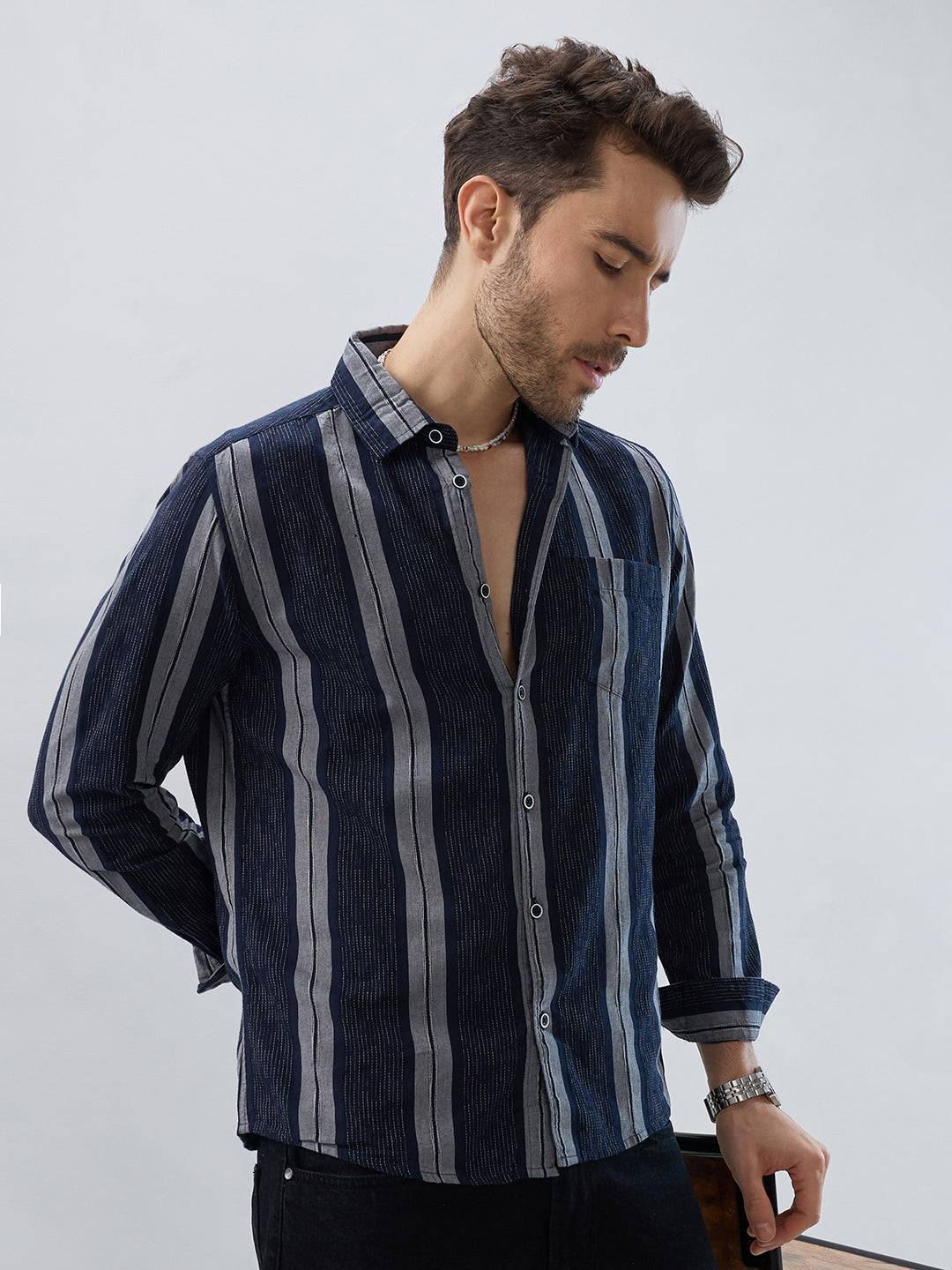Navy Contrast Stitch Vertical Stripe Jacquard Shirt Buy only at ₹799