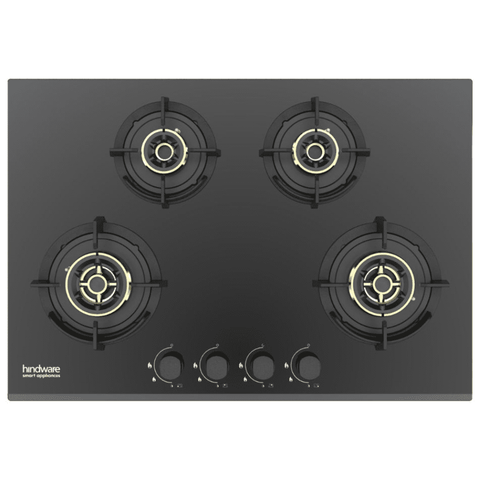Hindware Hob, HAZEL 4B 75CM, 4 Burner 75 cm Auto Ignition Glass Top Brass Burner 2 Medium + 2 small Gas Stove (Black) Buy at only ₹23299