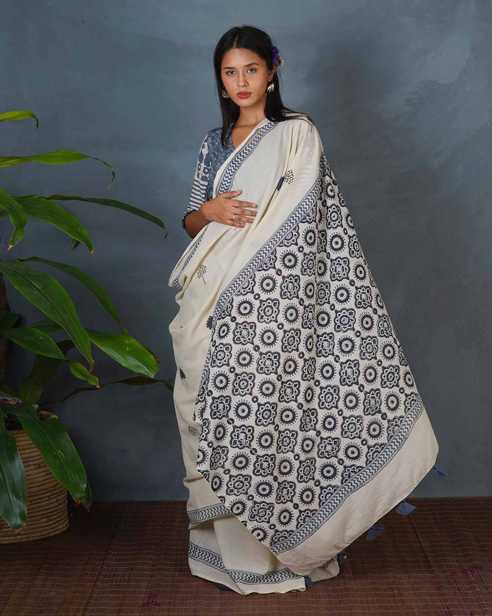 Quiet Cloud Ivory Block Printed Saree - BMS