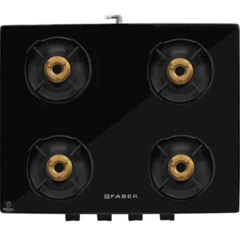 Faber Cooktop, ONYX 4BB BK CI, 4 Burner Auto Manual Ignition Glass Top Brass Burner 2 Medium + 1 small + High Flame Gas Stove (Black) Buy at only ₹10999
