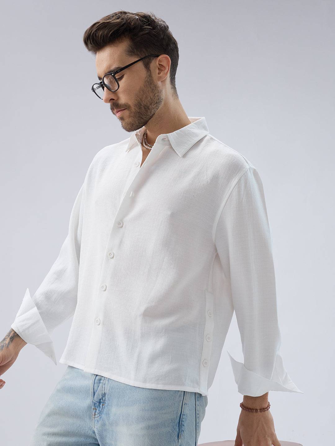 Snow White Side Slit Button Slub Textured Oversized Crop Shirt Buy only at ₹759