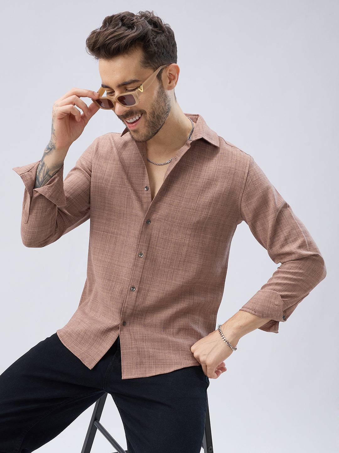 Walnut Brown Subtle Weave Textured Shirt Buy only at ₹699