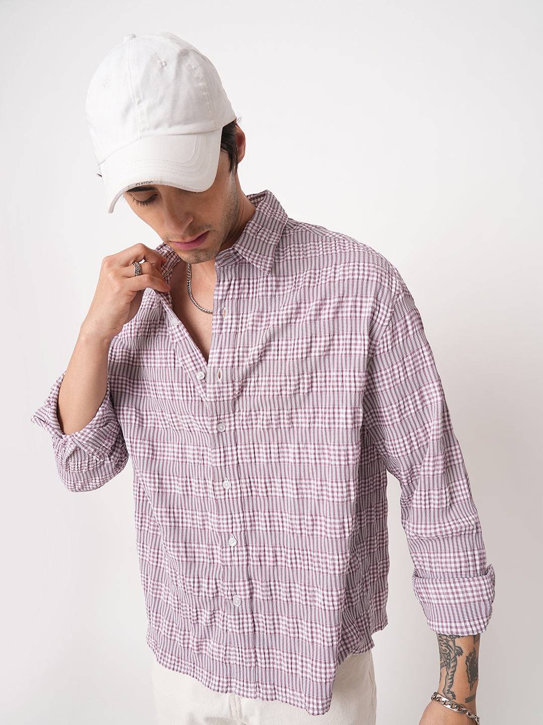 Lilac Seersucker Checks Boxy Fit Crop Shirt Buy only at ₹659